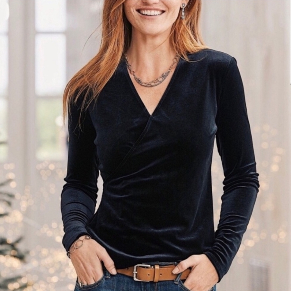Sundance Black Velvet Faux Wrap V-Neck Ruched Sides Balletcore Top Womens Large